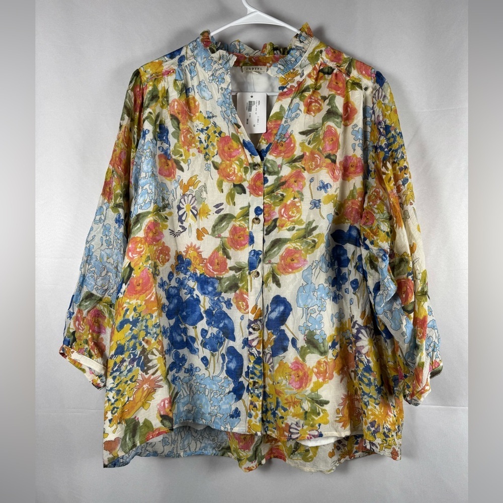 JODIFL Multicolor Floral Blouse NWT Lg Ruffle Collar Garden Party Spring Easter